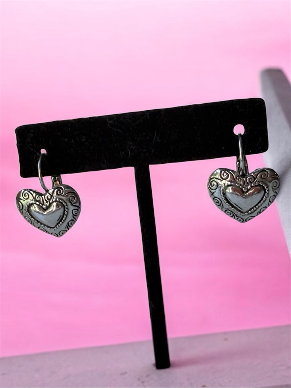 Heart Dangle Earrings - Silver Tone